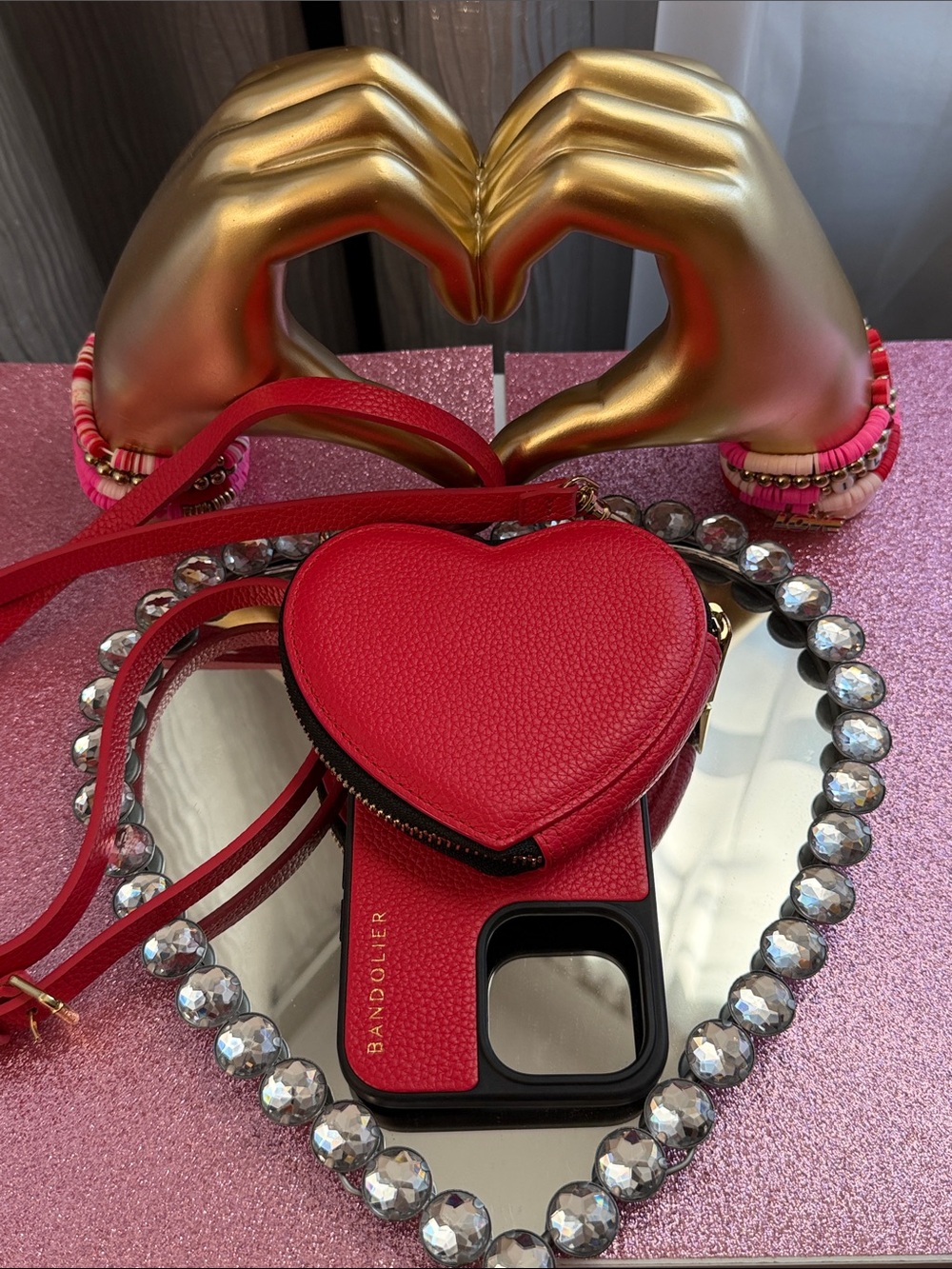 BandolierRed Leather Crossbody IPhone 14 Pro Max Case with heart ❤️ coin pouch.